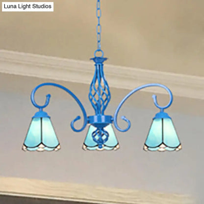 Blue Tiffany Chandelier - Curved Arms with Stained Glass Cone Shades - 3 Lights - Perfect for Foyer in White/Blue