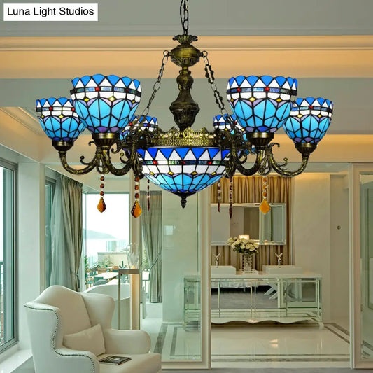 Blue Tiffany Chandelier with Amber Crystal and Jewel Detail for Dining Room Ceiling