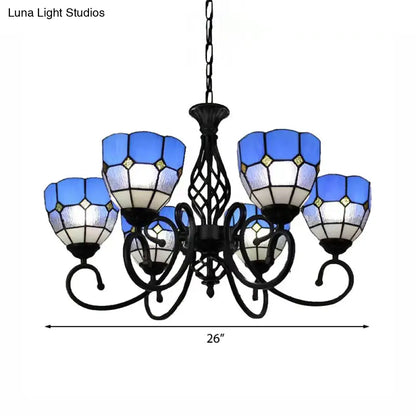 Lámpara de araña Tiffany azul con pantallas de cristal artístico y decoración de joyas - Colgante de 6 luces para sala de estar