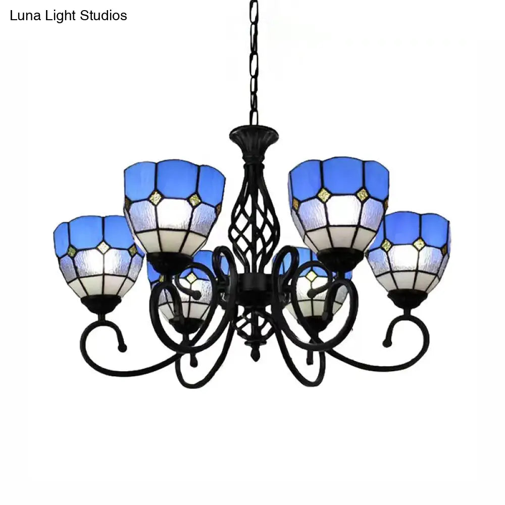 Lámpara de araña Tiffany azul con pantallas de cristal artístico y decoración de joyas - Colgante de 6 luces para sala de estar