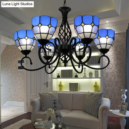 Blue Tiffany Chandelier with Art Glass Shades & Jewel Decor - 6 Light Pendant for Living Room