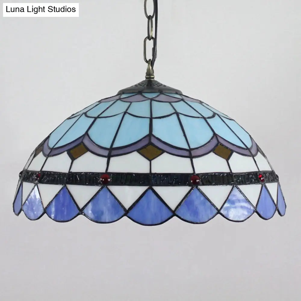 Blue Tiffany Glass Dome Hanging Lamp - 16" Wide - 1 Light