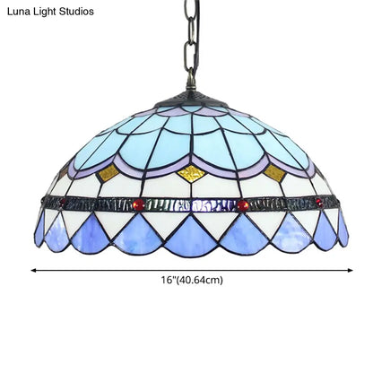 Blue Tiffany Glass Dome Hanging Lamp - 16" Wide - 1 Light