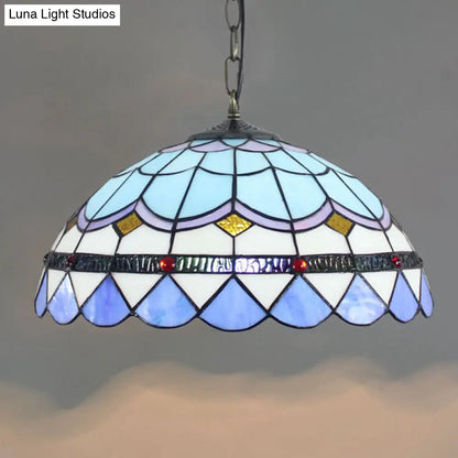 Blue Tiffany Glass Dome Hanging Lamp - 16" Wide - 1 Light