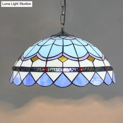 Blue Tiffany Glass Dome Hanging Lamp - 16" Wide - 1 Light