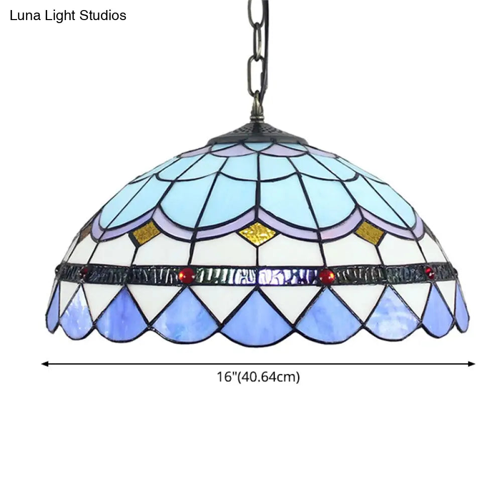 Blue Tiffany Glass Dome Hanging Lamp - 16" Wide - 1 Light