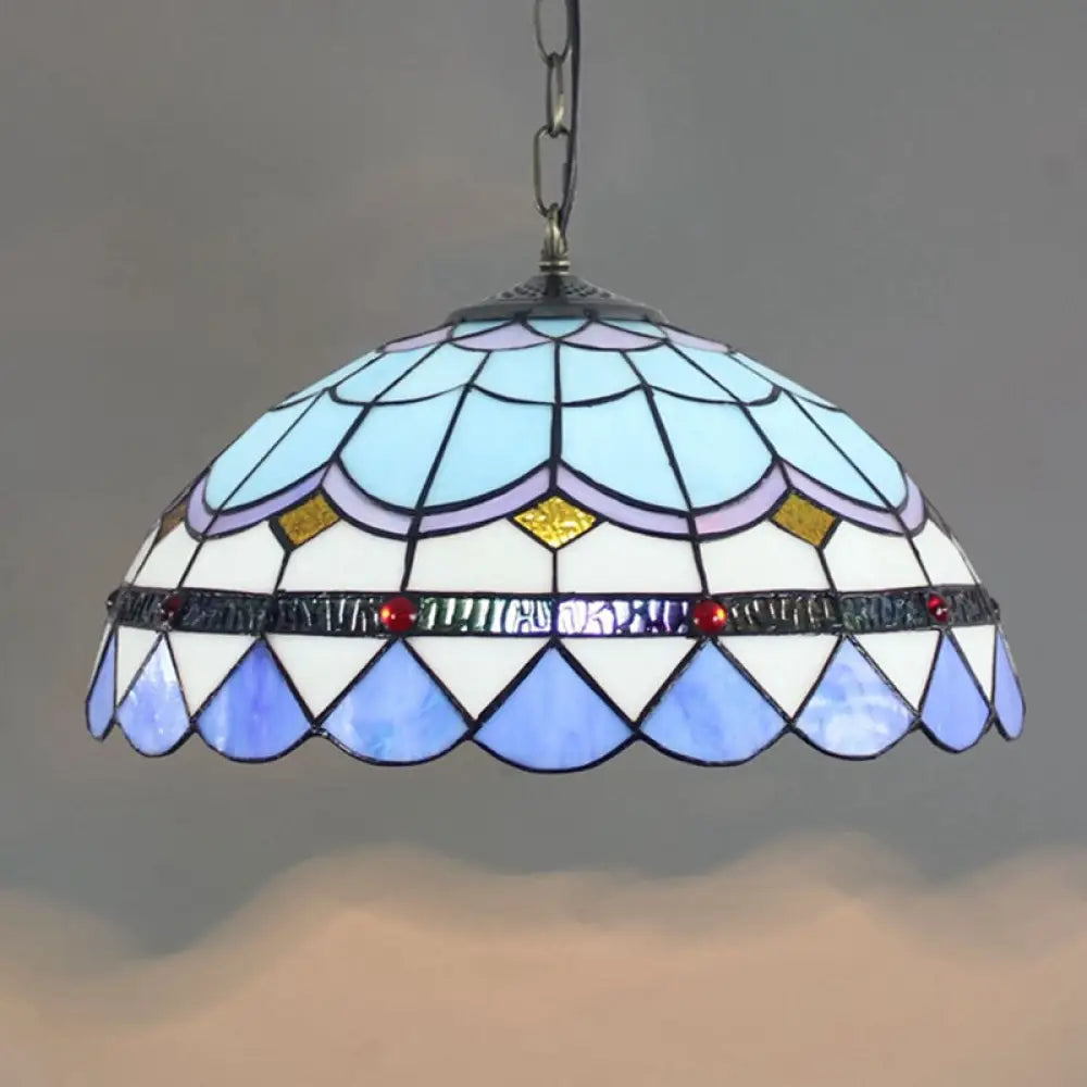 Blue Tiffany Glass Dome Hanging Lamp - 16" Wide - 1 Light