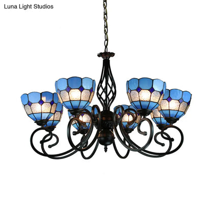 Blue Tiffany Grid Dome Ceiling Light with 6/8 Lights - Perfect Bedroom Lighting
