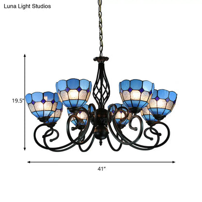 Blue Tiffany Grid Dome Ceiling Light with 6/8 Lights - Perfect Bedroom Lighting