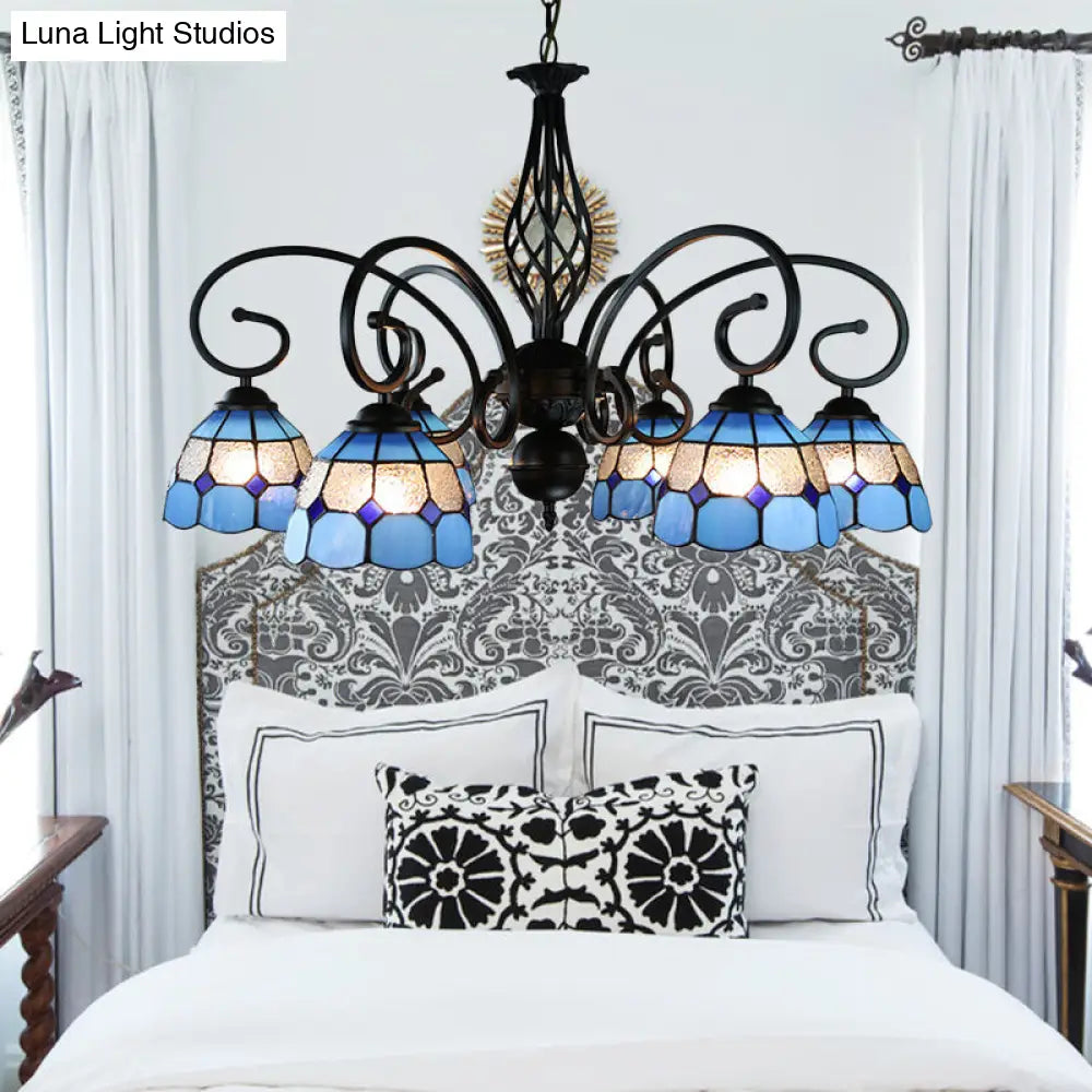 Blue Tiffany Grid Dome Ceiling Light with 6/8 Lights - Perfect Bedroom Lighting