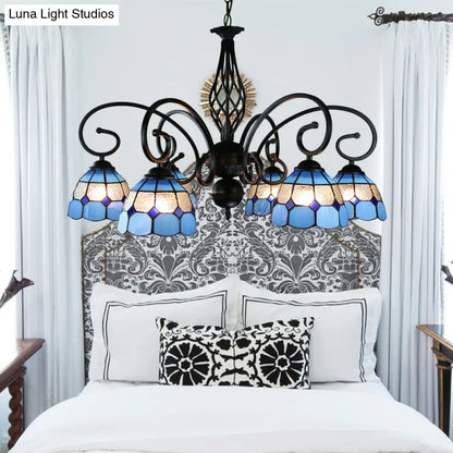 Blue Tiffany Grid Dome Ceiling Light with 6/8 Lights - Perfect Bedroom Lighting