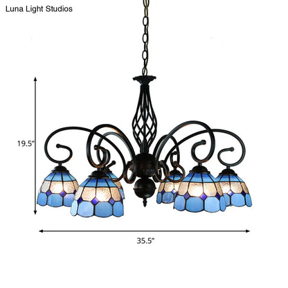 Blue Tiffany Grid Dome Ceiling Light with 6/8 Lights - Perfect Bedroom Lighting