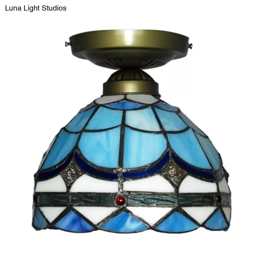 DecorBites™ Blue Tiffany Semi Flush Ceiling Light for Bedroom with Art Glass Shade - 7.5 x 8 inches