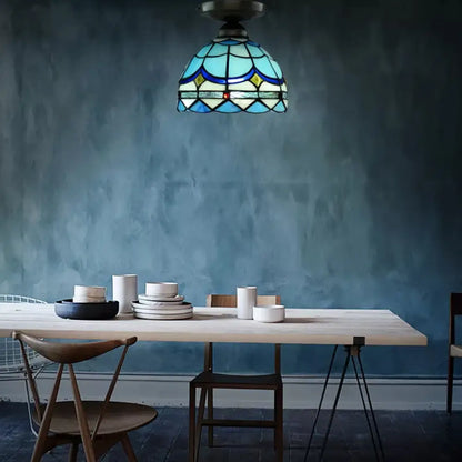 DecorBites™ Blue Tiffany Semi Flush Ceiling Light for Bedroom with Art Glass Shade - 7.5 x 8 inches