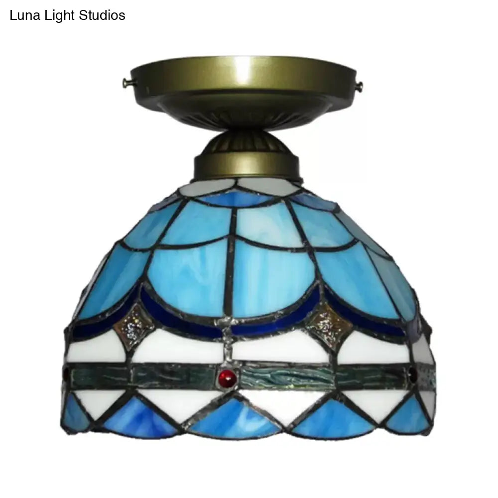 DecorBites™ Blue Tiffany Semi Flush Ceiling Light for Bedroom with Art Glass Shade - 7.5 x 8 inches