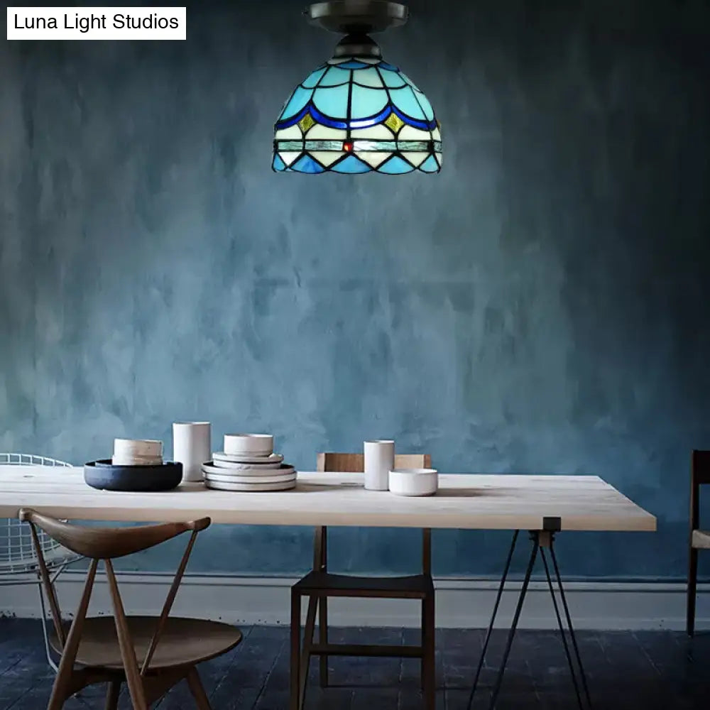 DecorBites™ Blue Tiffany Semi Flush Ceiling Light for Bedroom with Art Glass Shade - 7.5 x 8 inches