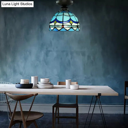 DecorBites™ Blue Tiffany Semi Flush Ceiling Light for Bedroom with Art Glass Shade - 7.5 x 8 inches