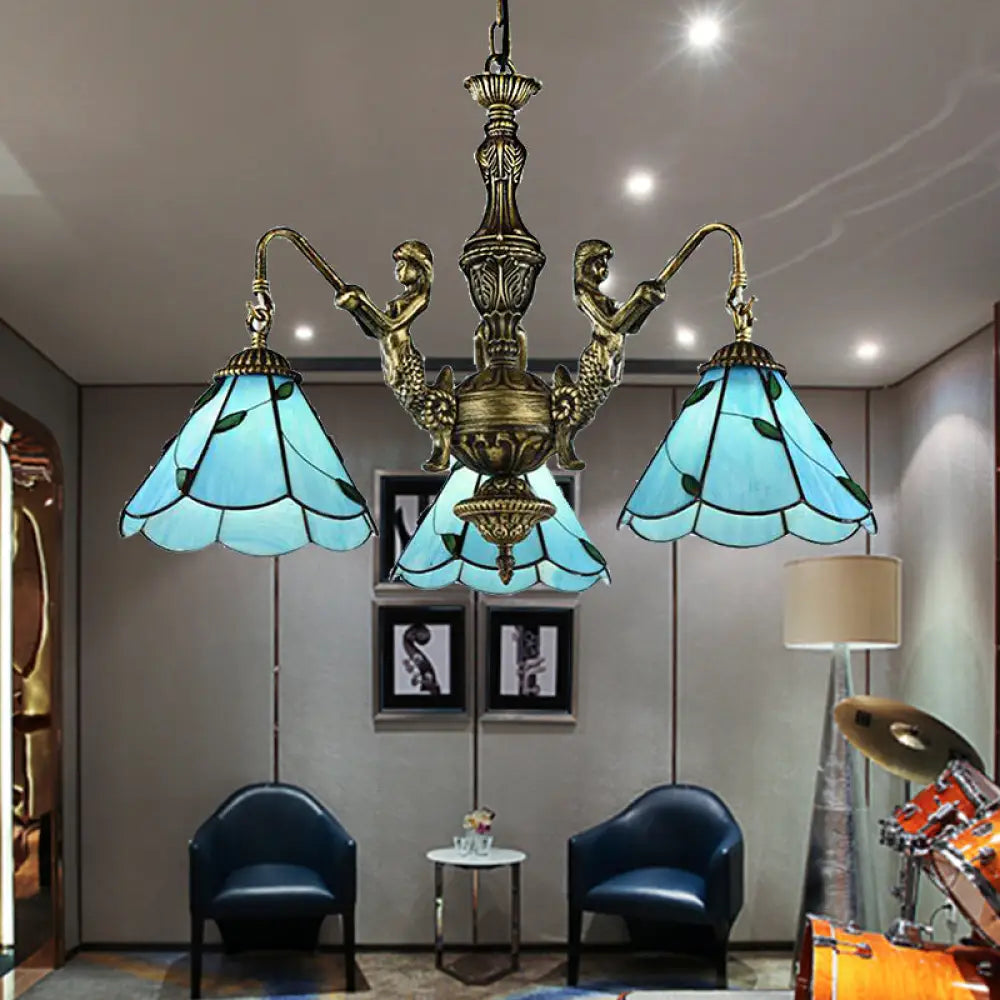 Lámpara de araña Tiffany azul de vitral con 3/5 luces y diseño de sirena