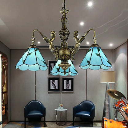 Lámpara de araña Tiffany azul de vitral con 3/5 luces y diseño de sirena