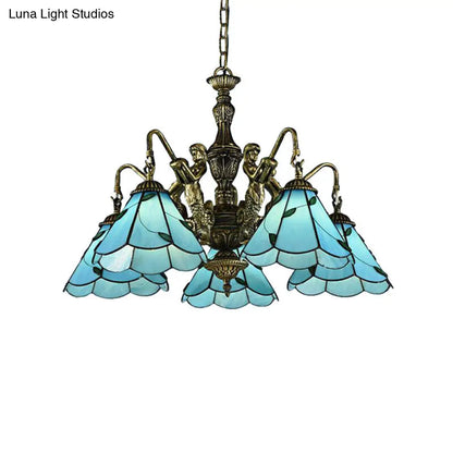 Lámpara de araña Tiffany azul de vitral con 3/5 luces y diseño de sirena