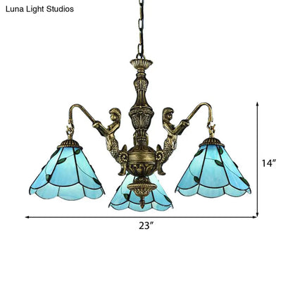 Lámpara de araña Tiffany azul de vitral con 3/5 luces y diseño de sirena