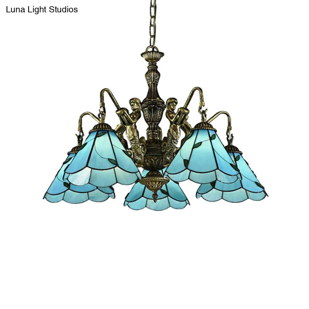 Lámpara de araña Tiffany azul de vitral con 3/5 luces y diseño de sirena