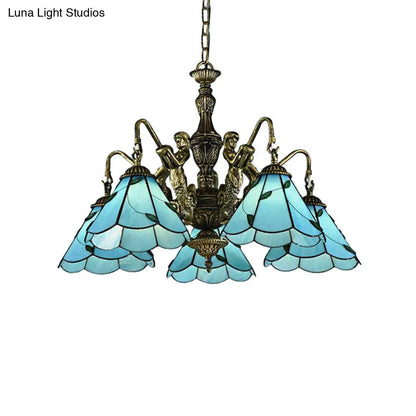 Lámpara de araña Tiffany azul de vitral con 3/5 luces y diseño de sirena