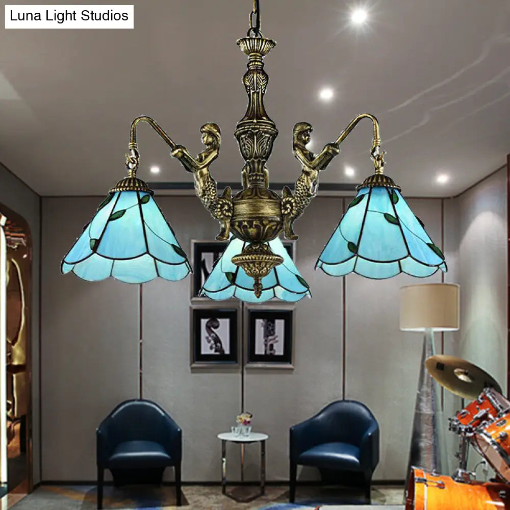 Lámpara de araña Tiffany azul de vitral con 3/5 luces y diseño de sirena