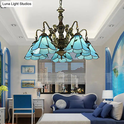 Lámpara de araña Tiffany azul de vitral con 3/5 luces y diseño de sirena