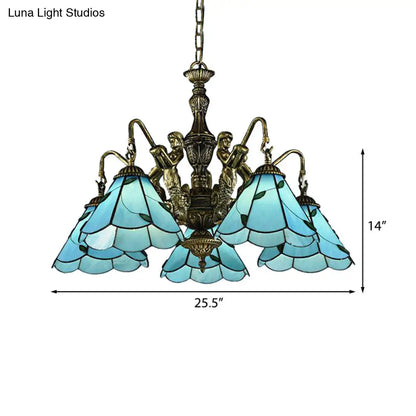 Lámpara de araña Tiffany azul de vitral con 3/5 luces y diseño de sirena