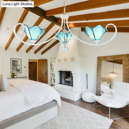Blue Tiffany Stained Glass Chandelier with Rustic Petal Design - 3 Light Pendant for Foyer, with Metal Chain