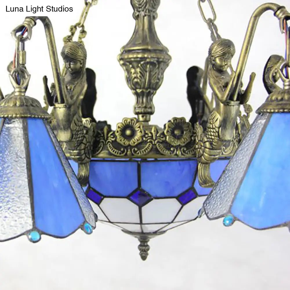 Blue Tiffany Stained Glass Pendant Chandelier - 9-Light Conical Hanging Light for Dining Room