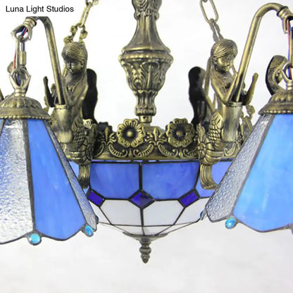 Blue Tiffany Stained Glass Pendant Chandelier - 9-Light Conical Hanging Light for Dining Room
