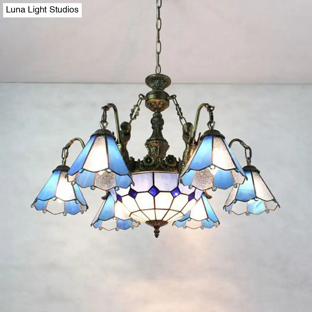 Blue Tiffany Stained Glass Pendant Chandelier - 9-Light Conical Hanging Light for Dining Room