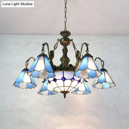 Blue Tiffany Stained Glass Pendant Chandelier - 9-Light Conical Hanging Light for Dining Room