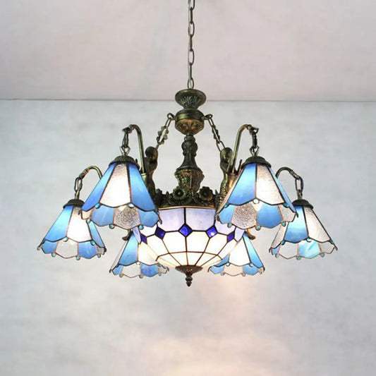 Blue Tiffany Stained Glass Pendant Chandelier - 9-Light Conical Hanging Light for Dining Room