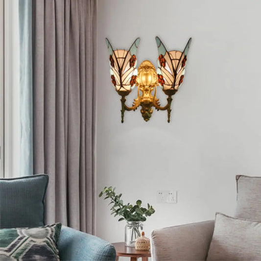 Blue Tiffany Style Butterfly Wall Sconce with Stained Glass - 2-Light Fixture for Bedroom