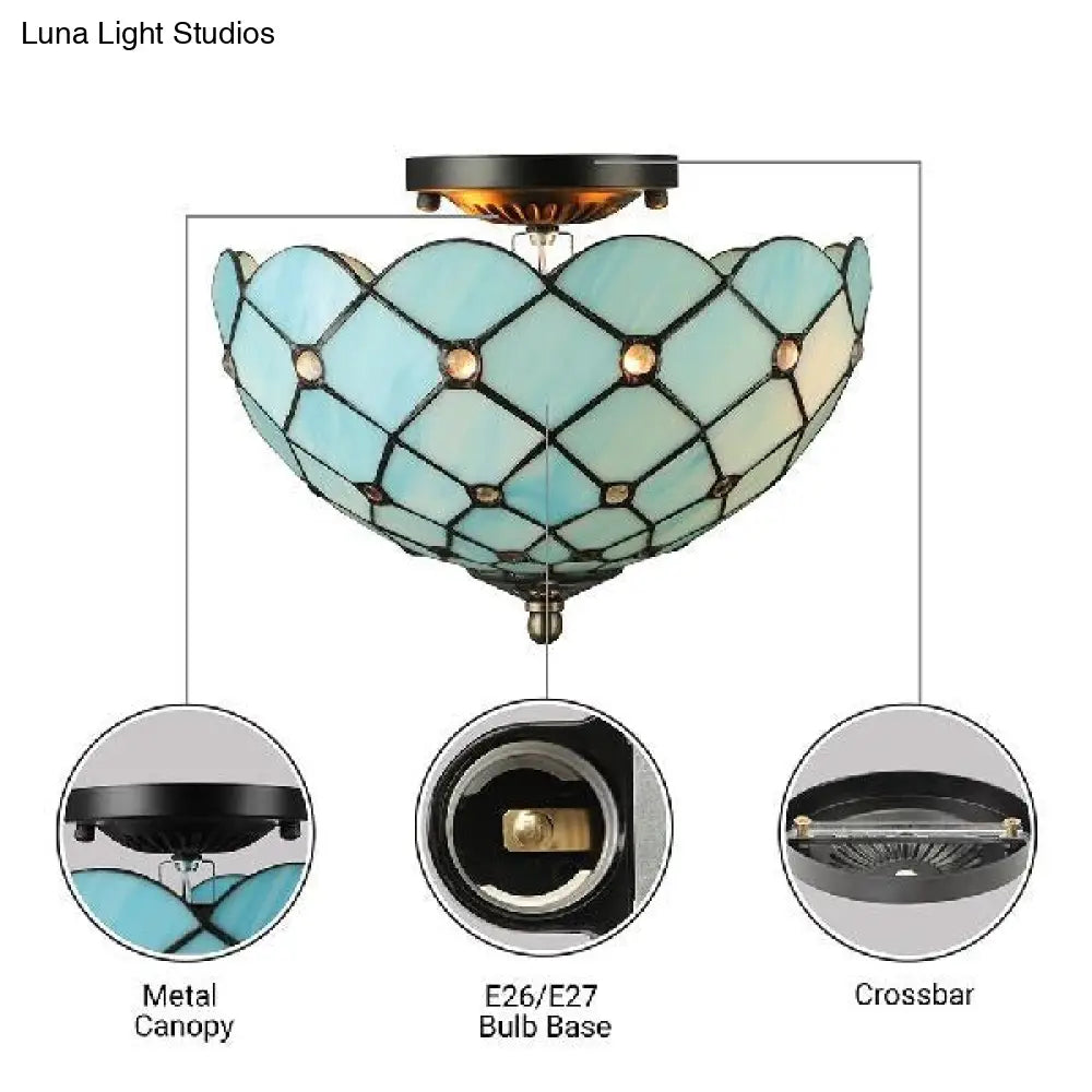 Blue Tiffany Style Ceiling Light for Bedroom - 2-Light Floral Semi Flush Mount with Jewel Decoration