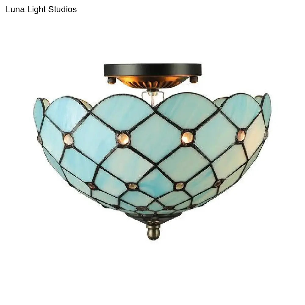 Blue Tiffany Style Ceiling Light for Bedroom - 2-Light Floral Semi Flush Mount with Jewel Decoration