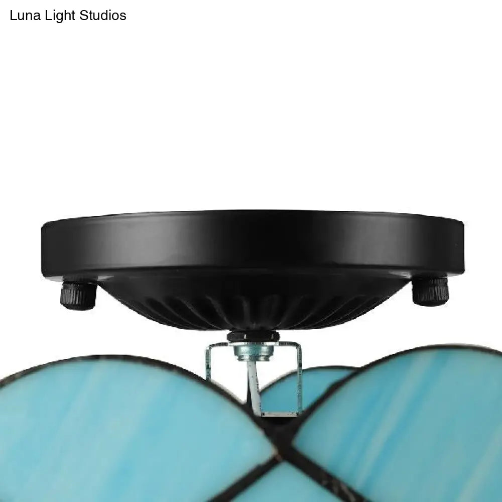 Blue Tiffany Style Ceiling Light for Bedroom - 2-Light Floral Semi Flush Mount with Jewel Decoration