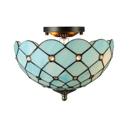 Blue Tiffany Style Ceiling Light for Bedroom - 2-Light Floral Semi Flush Mount with Jewel Decoration