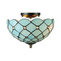 Blue Tiffany Style Ceiling Light for Bedroom - 2-Light Floral Semi Flush Mount with Jewel Decoration