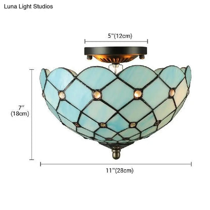 Blue Tiffany Style Ceiling Light for Bedroom - 2-Light Floral Semi Flush Mount with Jewel Decoration