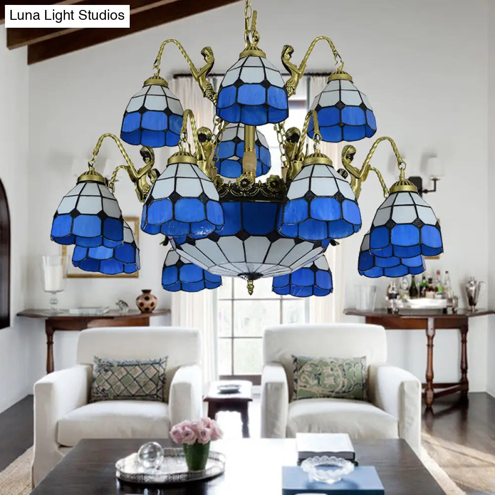 Blue Tiffany Style Chandelier Light: 15-Light Living Room Ceiling Lamp with Dome Cut Glass Shade