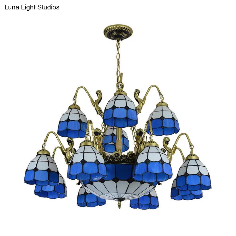 Blue Tiffany Style Chandelier Light: 15-Light Living Room Ceiling Lamp with Dome Cut Glass Shade