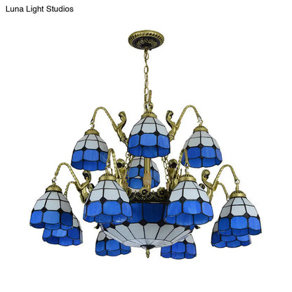 Blue Tiffany Style Chandelier Light: 15-Light Living Room Ceiling Lamp with Dome Cut Glass Shade