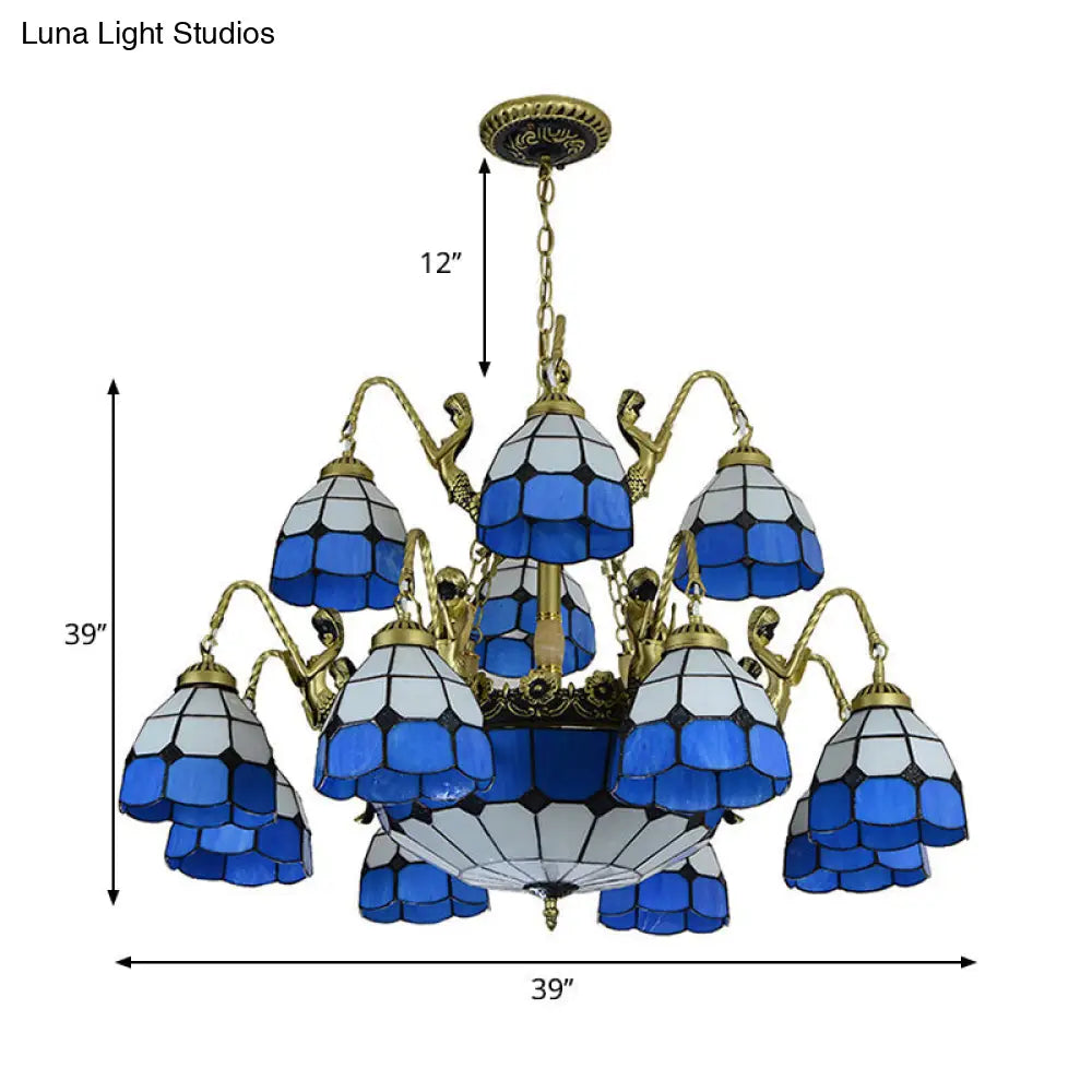 Blue Tiffany Style Chandelier Light: 15-Light Living Room Ceiling Lamp with Dome Cut Glass Shade