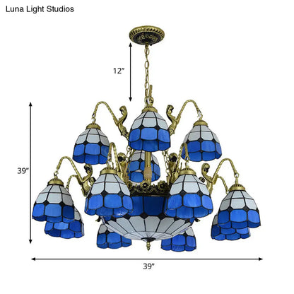Blue Tiffany Style Chandelier Light: 15-Light Living Room Ceiling Lamp with Dome Cut Glass Shade