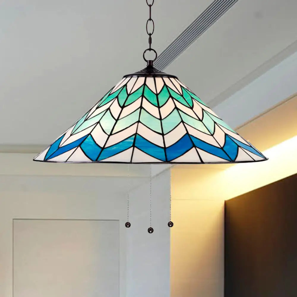 Blue Tiffany-Style Cone Pendant Light Fixture with Stained Art Glass - 16"/19.5" W, Single Head, Down Lighting