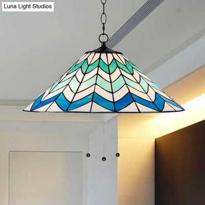 Blue Tiffany-Style Cone Pendant Light Fixture with Stained Art Glass - 16"/19.5" W, Single Head, Down Lighting